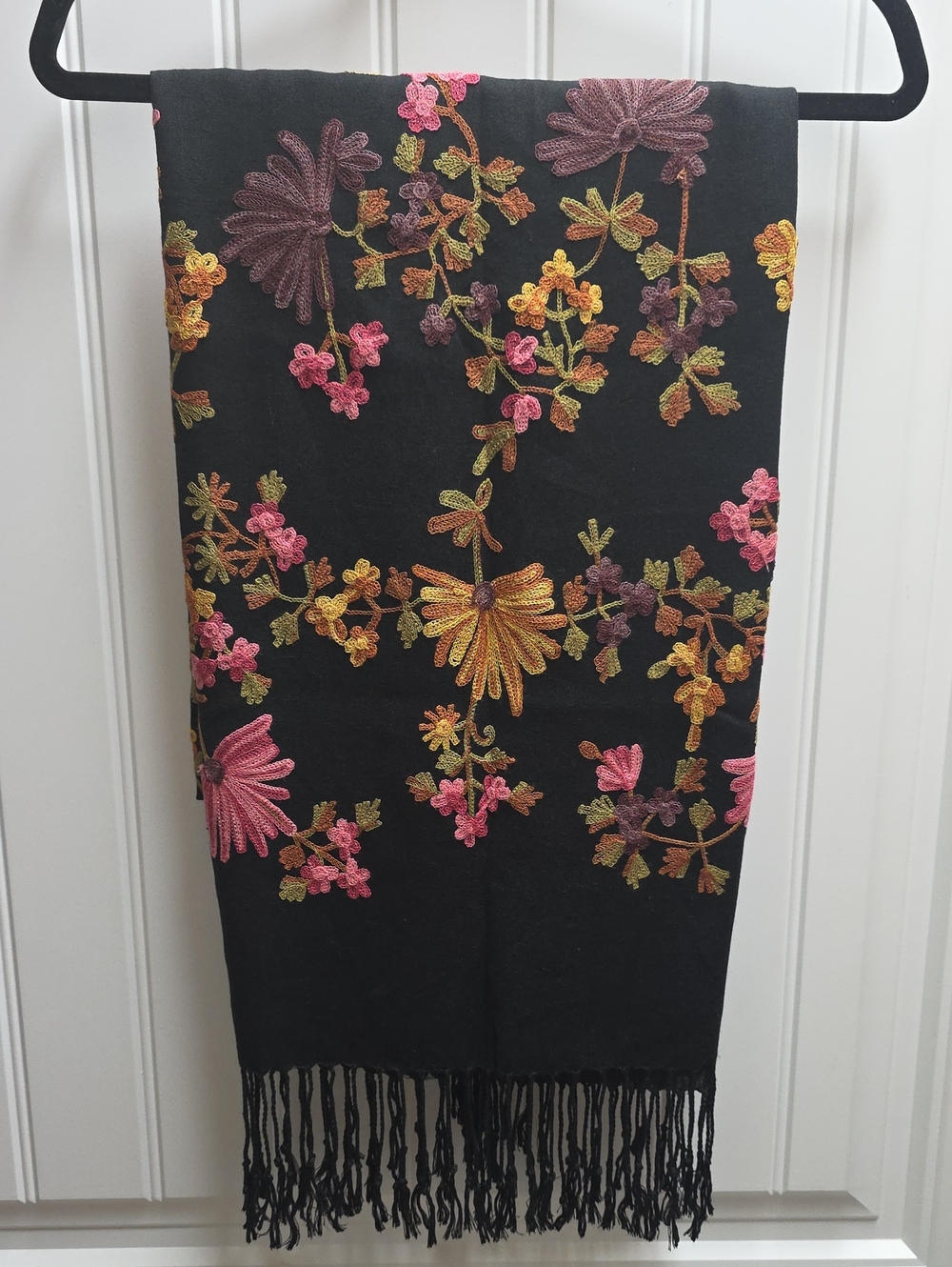 Eyeful Black Floral Embroidered Reversible Fringe Scarf - Pink, Gold, Green